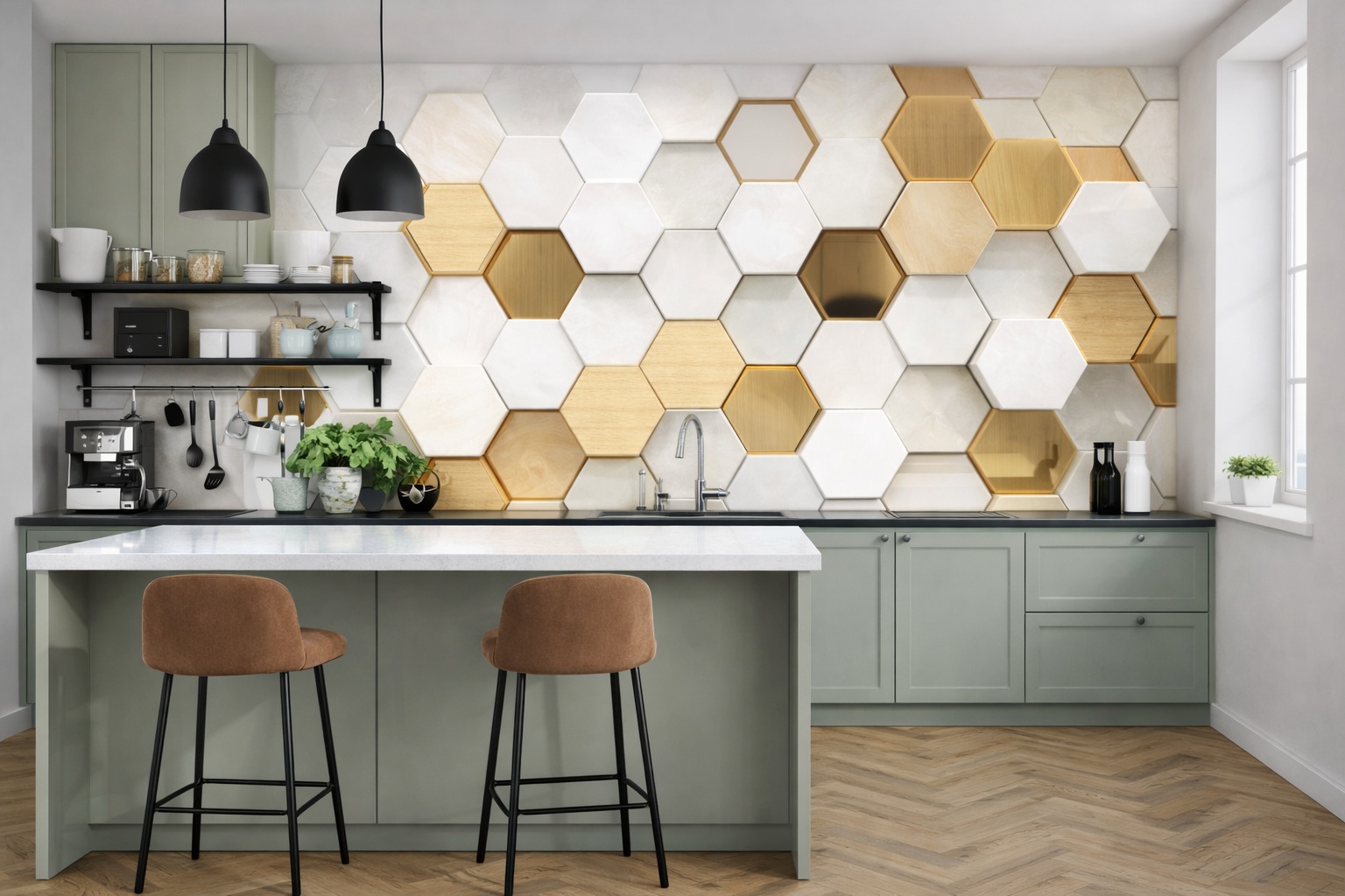 fototapeta, białe, drewniane i złote heksagony